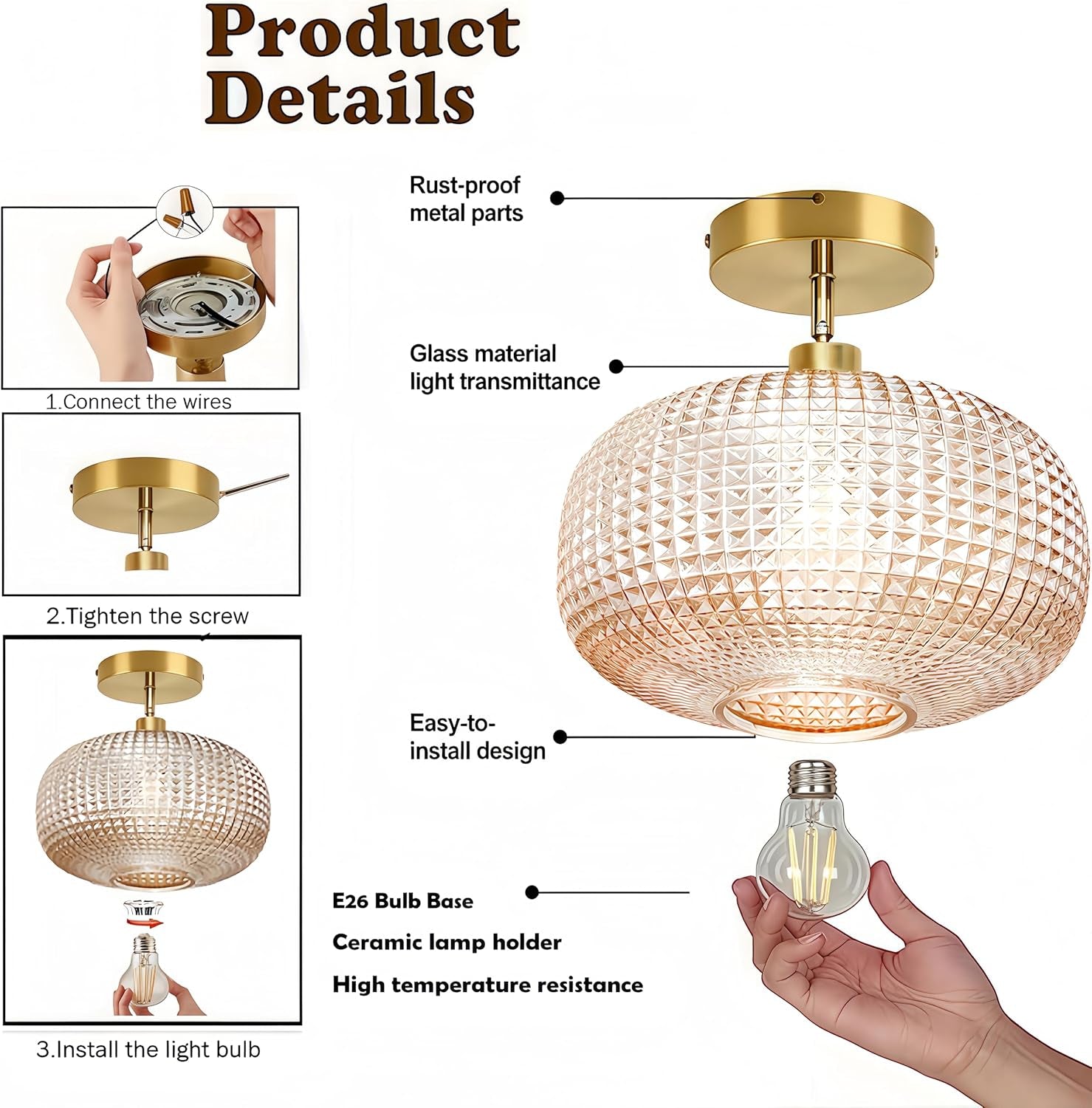 Semi Flush Mount Ceiling Light,Vintage Ceiling Light Fixture,Hallway Lighting Fixture with Amber Glass Shade,Globe Glass Light Fixture,Kitchen Lighting Fixtures Ceiling for Bedroom,Bathroom,Porch