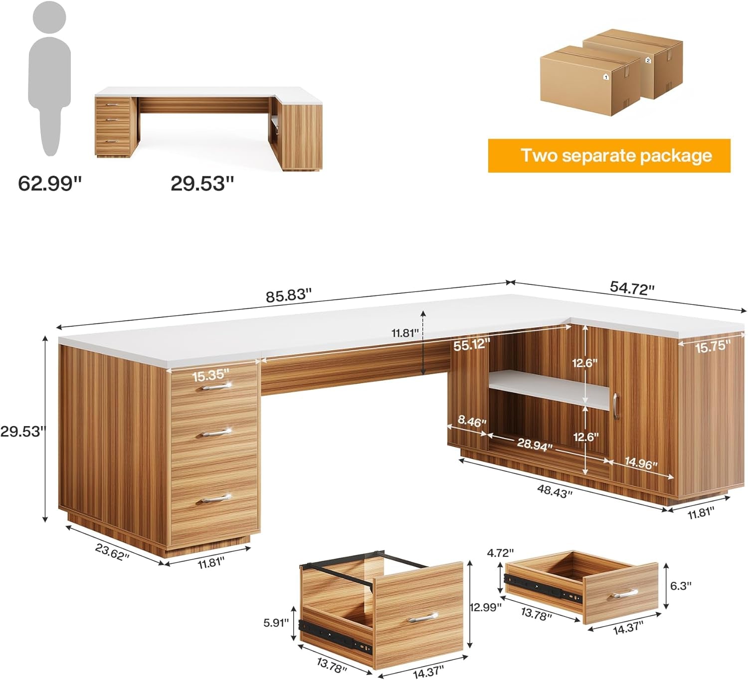 85.8-Inch L-Shaped Executive Office Desk with File Drawers & Storage Cabinet, Professional Corner Computer Desk Extra Large Business Workstation with Adjustable Shelves (White&Walnut)