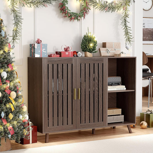 Sideboard Storage Cabinet, 47.2" W Farmhouse Buffet Cabinet with Louvered Doors & Adjustable Shelf, Wood Coffee Bar Storage Station for Kitchen, Dining Room, Living Room, Entryway, Walnut Color