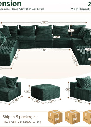 Luxurious 9-Seater U-Shaped Modular Sleeper Sofa with Ottomans in Elegant Green - No Assembly Required