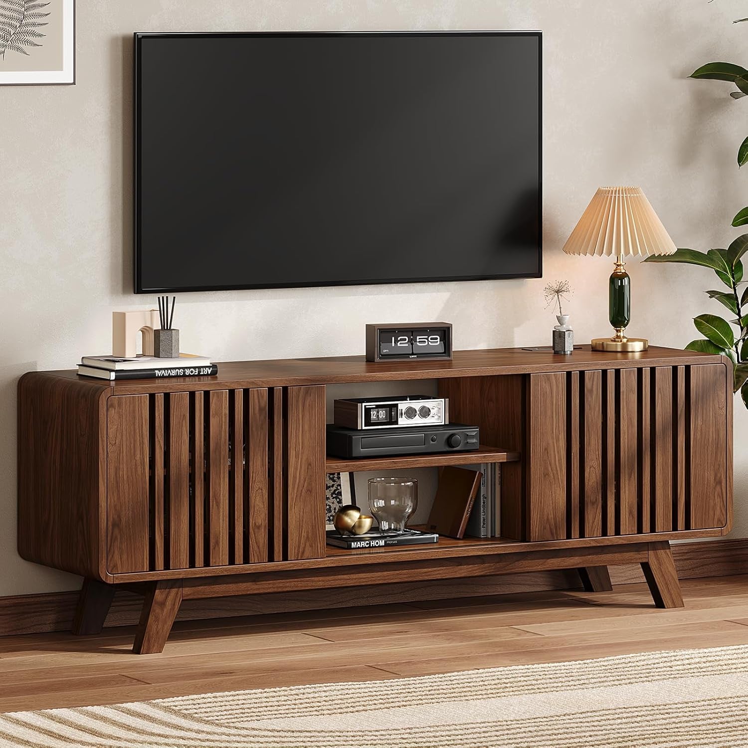 63-Inch TV Stand for Tvs up to 75 Inch, Mid-Century Modern Television Stand with Power Outlet, Entertainment Center with Sliding Grille Door Cabinets and Open Shelves for Living Room, Walnut