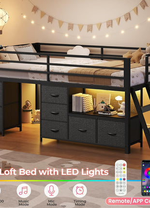Twin Size Low Loft Bed with 7 Storage Drawers, Bookcase, LED Lights, Safety Guardrail, Inclined Ladder, Play Curtain, and Under-Bed Play Space in Black