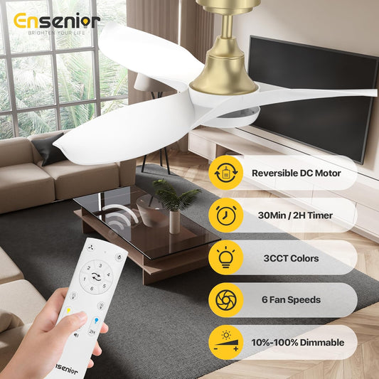 52 Inch Ceiling Fans with Lights and Remote, White Gold Ceiling Fan with Light Dimmable, 6 Speeds, 3CCT and Memory Function, Reversible DC Motor Modern Ceiling Fan for Bedroom and Living Room