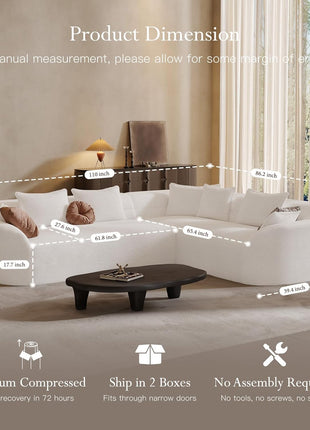 110" Contemporary Curved Sectional Sofa, Deluxe Chenille Cloud Couch for Living Room, Luxurious L-Shaped Boneless Sofa with Extra Deep Seat, Tool-Free Assembly, Ivory White