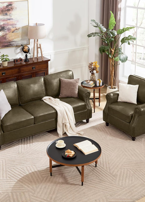 Mid-Century Modern Faux Leather Sofa Set, 3-Seater Living Room Couch with Rolled Arms and Nailhead Trim in Olive Green