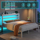 Full Size Bed Frame with Storage Headboard, Industrial Platform Bed with Charging Station and LED Lights,Underbed Storage Space, No Box Spring Needed, Easy Assembly, White
