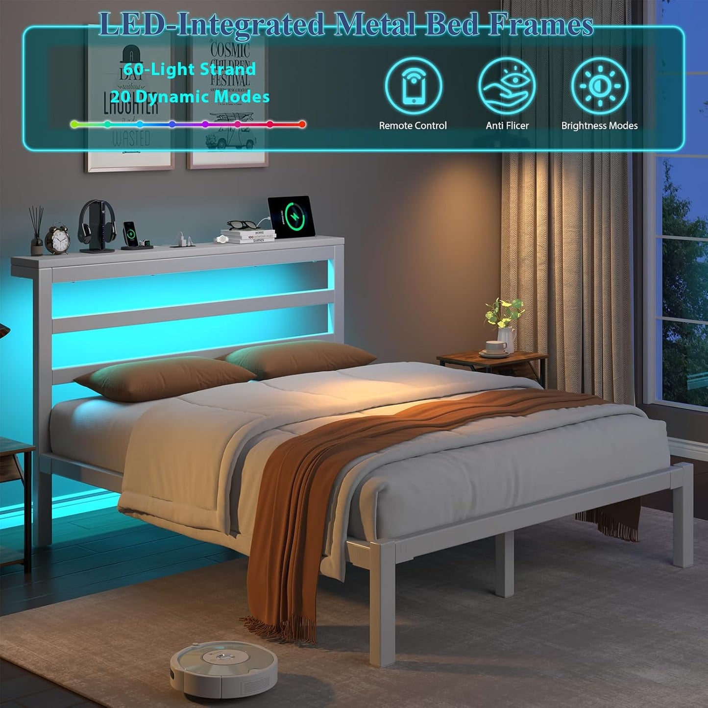 Full Size Bed Frame with Storage Headboard, Industrial Platform Bed with Charging Station and LED Lights,Underbed Storage Space, No Box Spring Needed, Easy Assembly, White