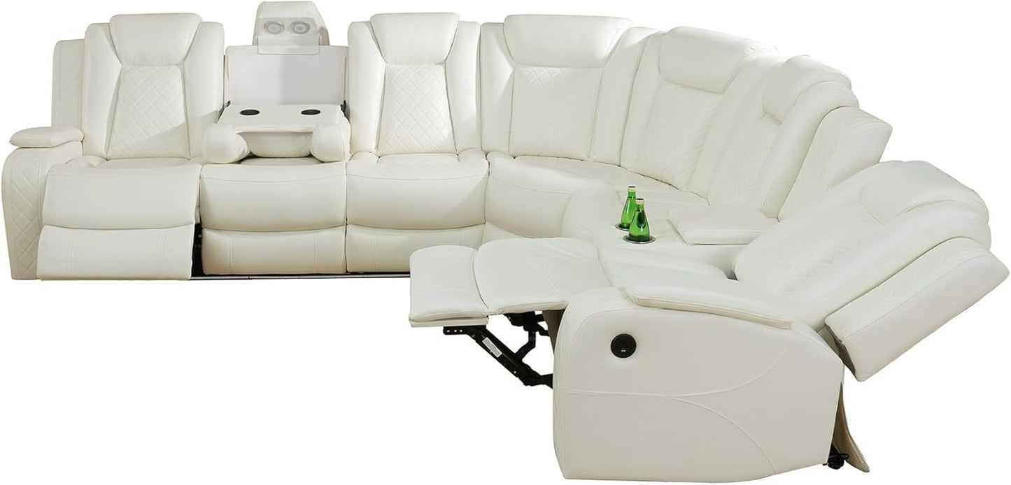 Power Recliner Sectional Sofa Set for Living Room Furniture Sets,Leather Reclining Sofa Set with LED Lights/Hidden Storage,L- Shaped Couch for Living Room/Home Theater(White,Sectional)