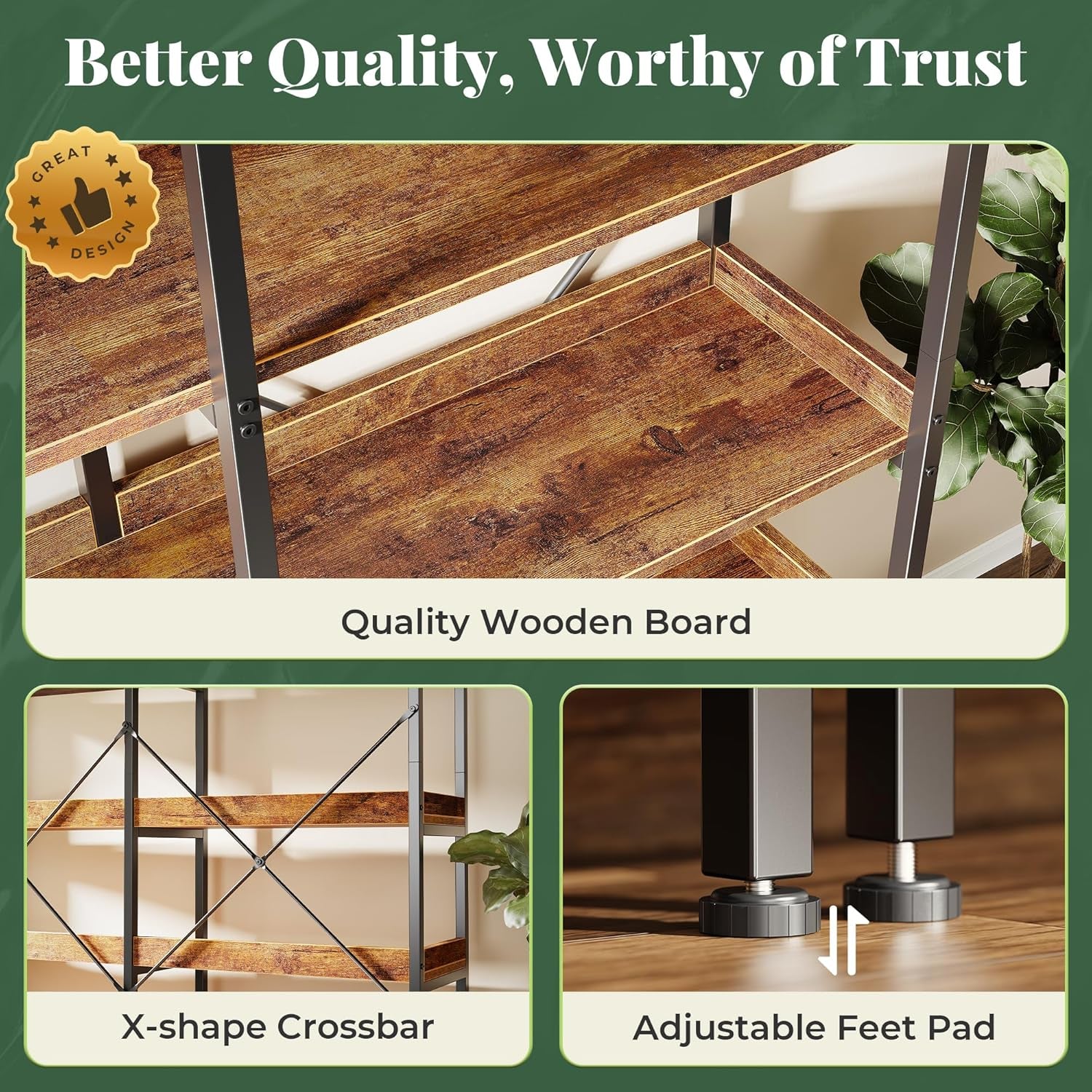 5 Tier Bookshelf, Display Bookshelf with 10 Open Shelves and Raised Baffle, 47.2 Inch Straight Wide Bookcase with Metal Frame and Wooden Board, Adjustable Feet, Rustic Brown