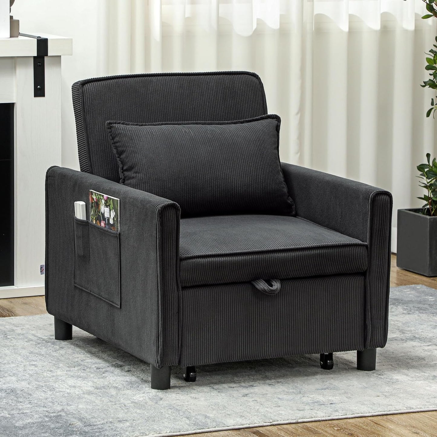 3-In-1 Convertible Chair Bed, Multi-Functional Single Sofa Bed, Pull Out Sleeper Chair with Adjustable Backrest, Pillow, and Pockets for Apartment, Living Room, Dark Gray