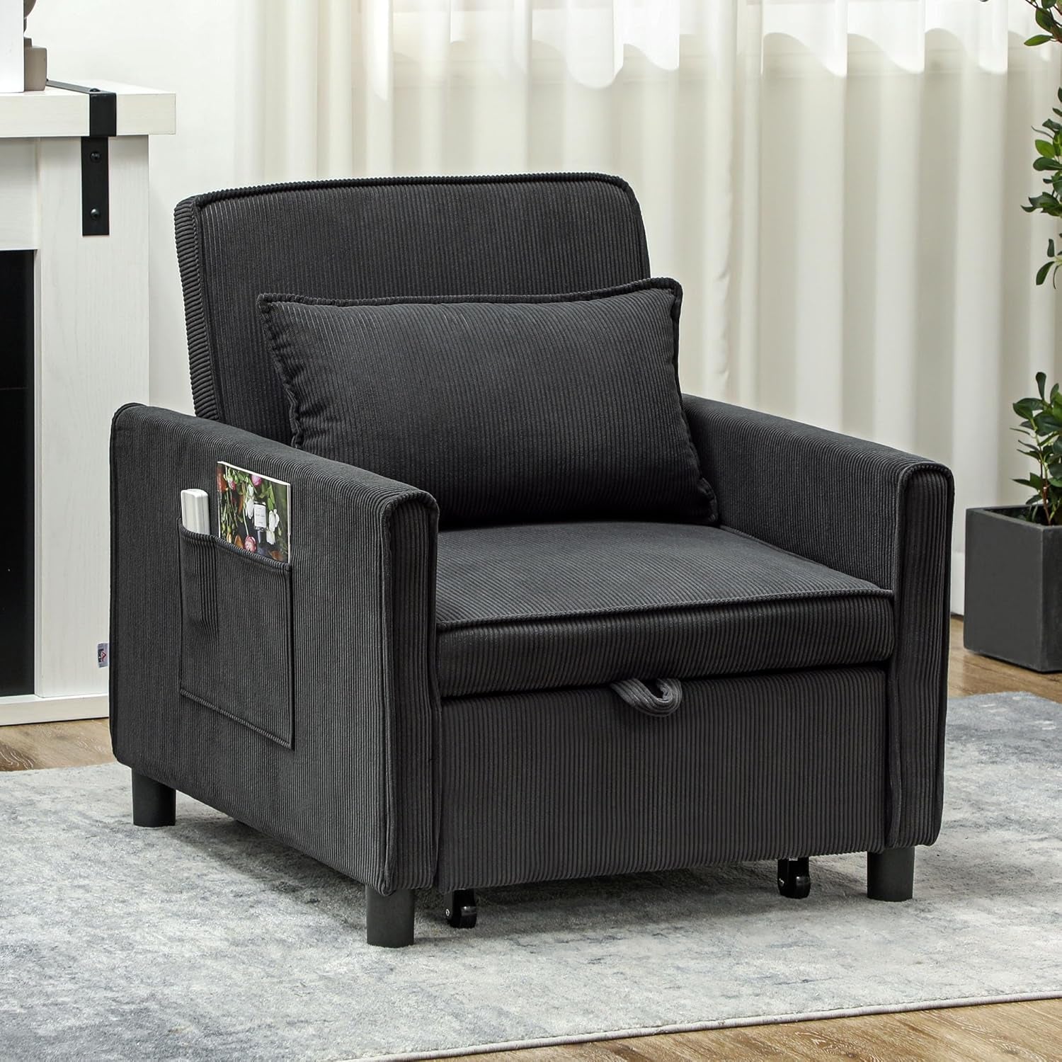 3-In-1 Convertible Chair Bed, Multi-Functional Single Sofa Bed, Pull Out Sleeper Chair with Adjustable Backrest, Pillow, and Pockets for Apartment, Living Room, Dark Gray