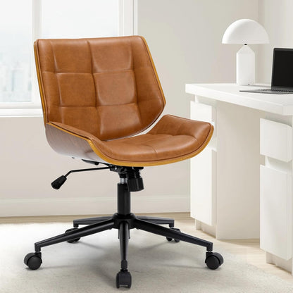 Mid-Century Modern Home Office Chair,Adjustable Height Desk Chair with Walnut Finish&Pu Leather,Armless Executive Computer Chair with 360° Swivel Rolling Wheels for Vanity, Bedroom&Workspace (Brown)