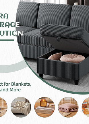 Convertible L-Shaped Sectional Sofa with Removable Cushions in Soft Corduroy Fabric - Ideal for Living Rooms, Apartments, and Offices (Gray)
