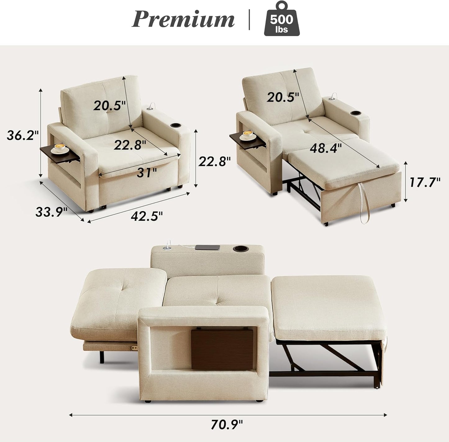 42.5" Sleeper Chair Bed, 3-In-1 Oversized Convertible Sleeper Sofa Chair with Pull Out Bed, Reclining Adjustable Backrest/Usb Ports/Table/Cup Holder, Tool-Free Assembly, Premium Beige