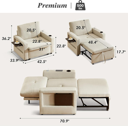 42.5" Sleeper Chair Bed, 3-In-1 Oversized Convertible Sleeper Sofa Chair with Pull Out Bed, Reclining Adjustable Backrest/Usb Ports/Table/Cup Holder, Tool-Free Assembly, Premium Beige