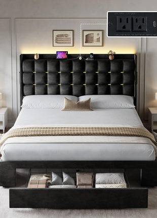 Queen Size Velvet Upholstered Bed Frame with 3 Storage Drawers, RGB LED Lights, Charging Station, and Storage Headboard - No Box Spring Required, Easy Assembly, Noise-Free, Black
