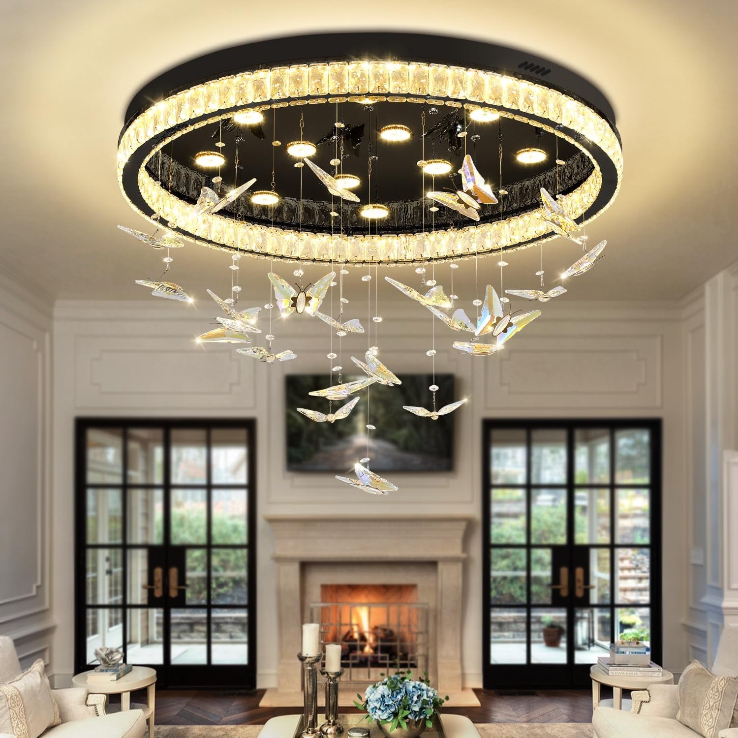 Butterfly Chandelier Black 32In Modern Crystal Raindrop Chandelier Lighting Flush Mount Ceiling Chandeliers for Living Room 12XGU10
