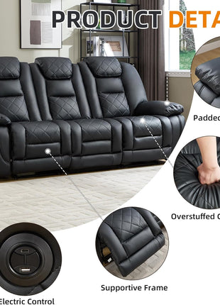 Faux Leather Electric Power Reclining Sofa with USB and Type-C Charging Ports, Plush Three-Seat Design, Overstuffed Armrests and Backrest, Ideal Living Room Furniture in Black