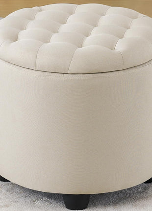 Contemporary Beige Round Storage Ottoman with Button Tufting and Detachable Lid for Living Room, Bedroom, and Makeup Space