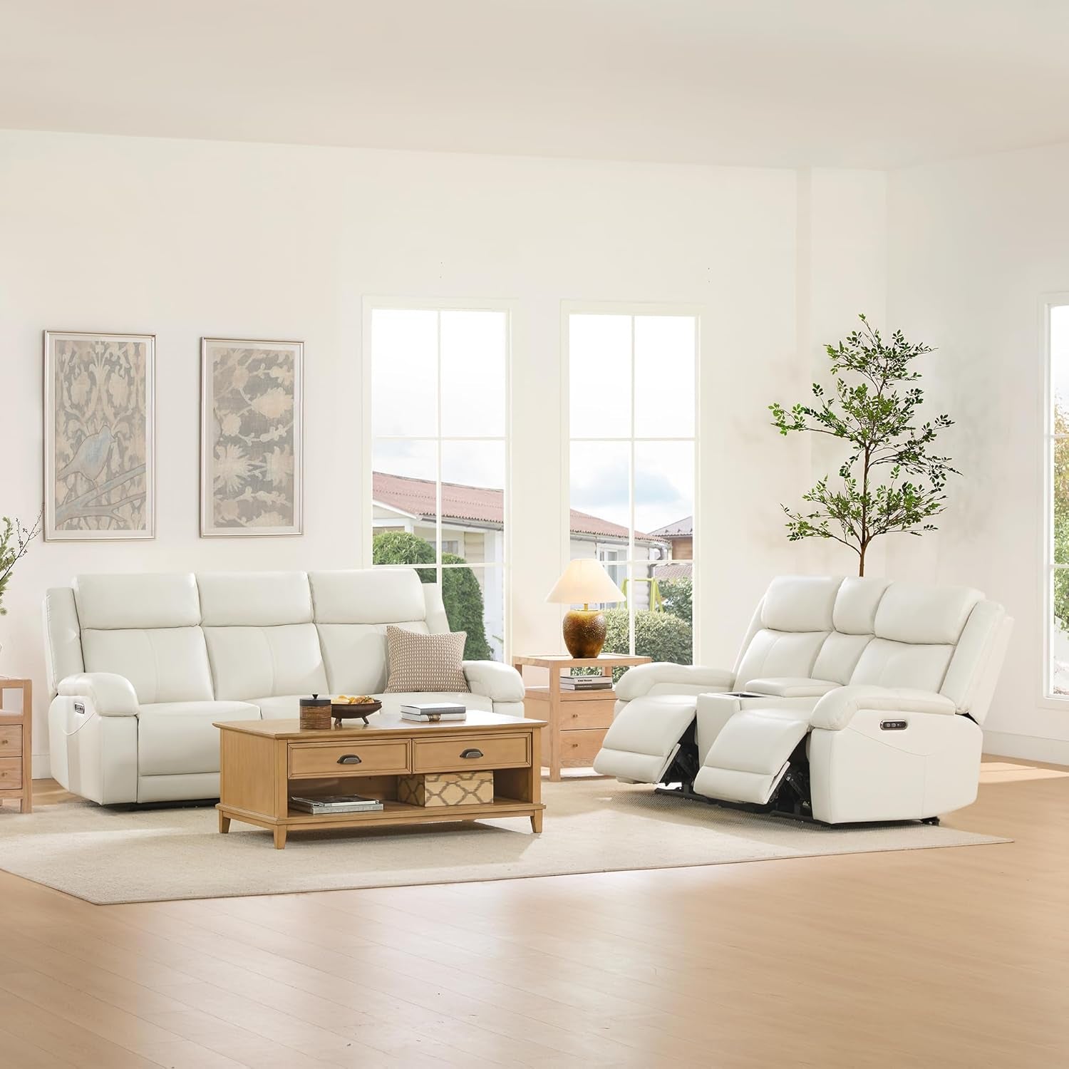 Genuine Leather Power Recliner Sofa, 3 Seater Wall Hugger Reclining Sofas with Power Headrest, USB & Typec Ports, Electric Recliner Couch Set for Living Room, Cream