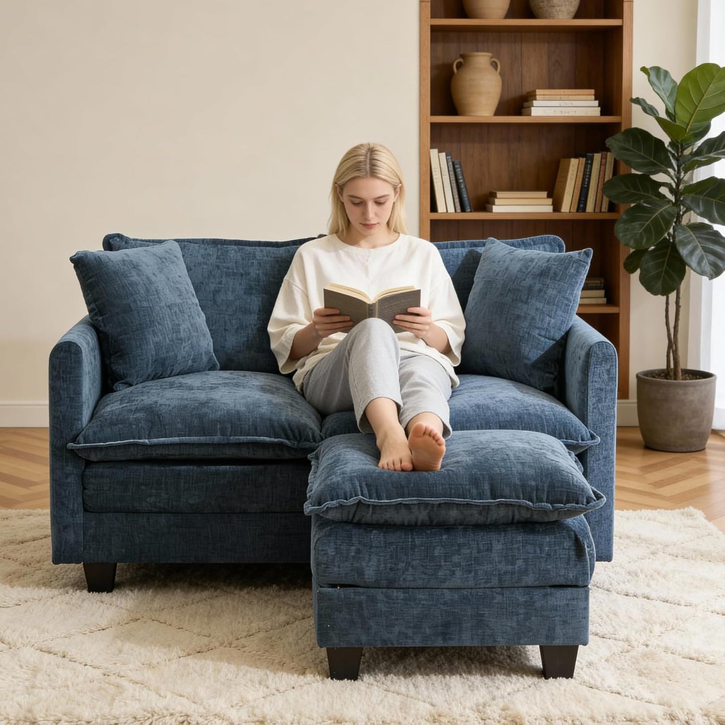 Loveseat Sofa with Ottoman, 50'' Modern L-Shape Cloud Couch Sofa Loveseat with 22'' Ottoman for Small Space/Apartment/Office/Living Room 8834-BLUE-L