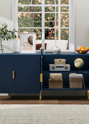 65-Inch Contemporary Fluted Sideboard Buffet Cabinet with Storage, 4 Doors and Adjustable Shelves, Perfect for Kitchen, Dining Room, Living Room, Hallway, and Entryway in Blue