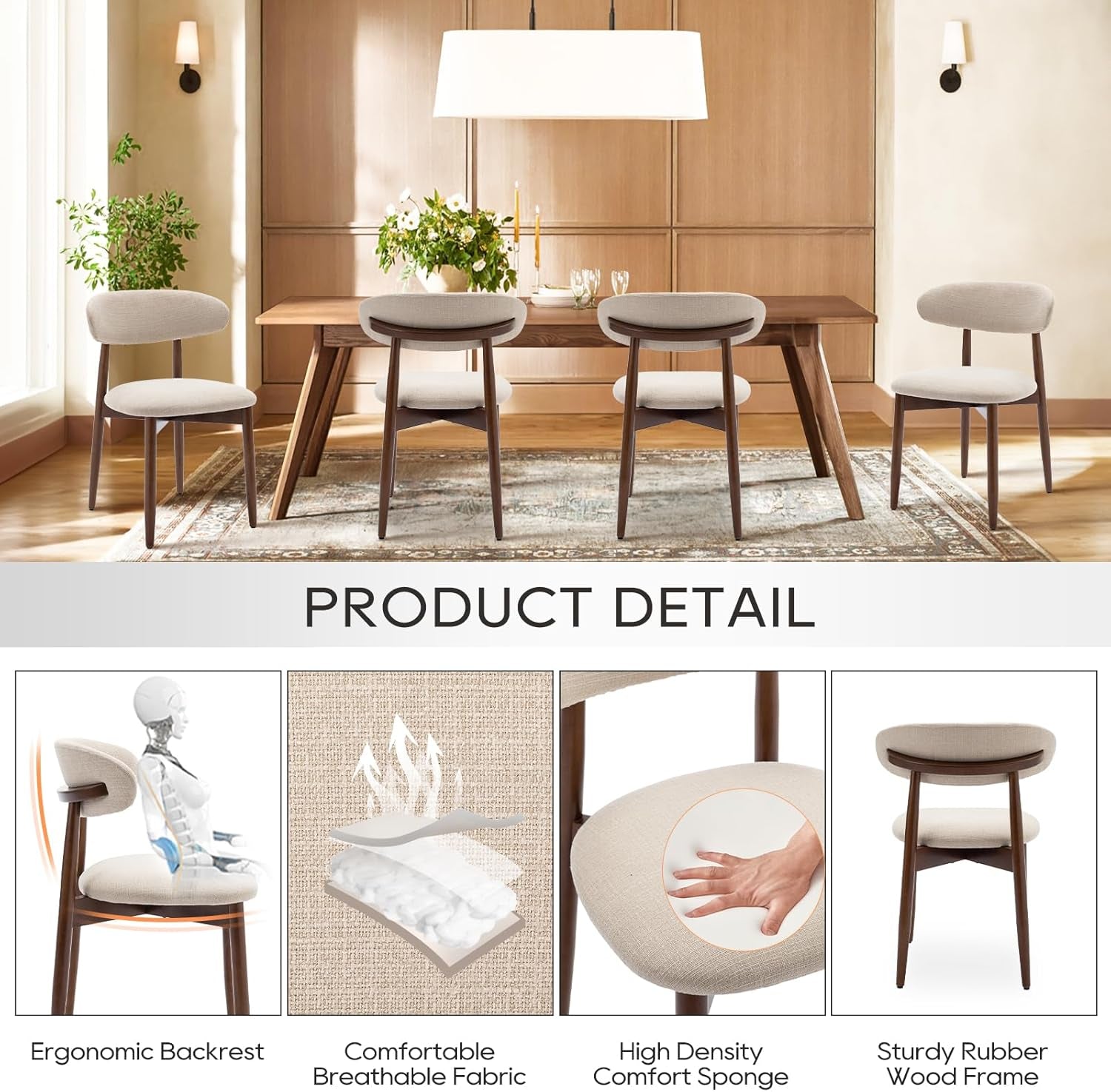 Wooden Dining Chairs Set of 4, Modern Fabric Upholstered Kitchen Side Chairs, Farmhouse Dining Room Chair with Foot Pegs, Beige