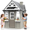 Kids Outdoor Playhouse,Cedar Gray Wooden Play House for Kids Ages 3-8, with Play Kitchen, Interactive Doorbell, Toy Phone, Sink, Flowerpot