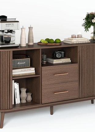 63" Fluted Sideboard Buffet Cabinet in Walnut - Mid-Century Modern Coffee Bar Station with Storage for Dining Room, Wood Accent Storage Cabinet & Credenza with Drawers for Liquor and Wine