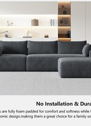 Luxurious 108" Modular Sectional Sofa in Dark Gray Corduroy - L-Shaped Design with Deep Chaise and No Assembly Required - Ideal for Apartment Living