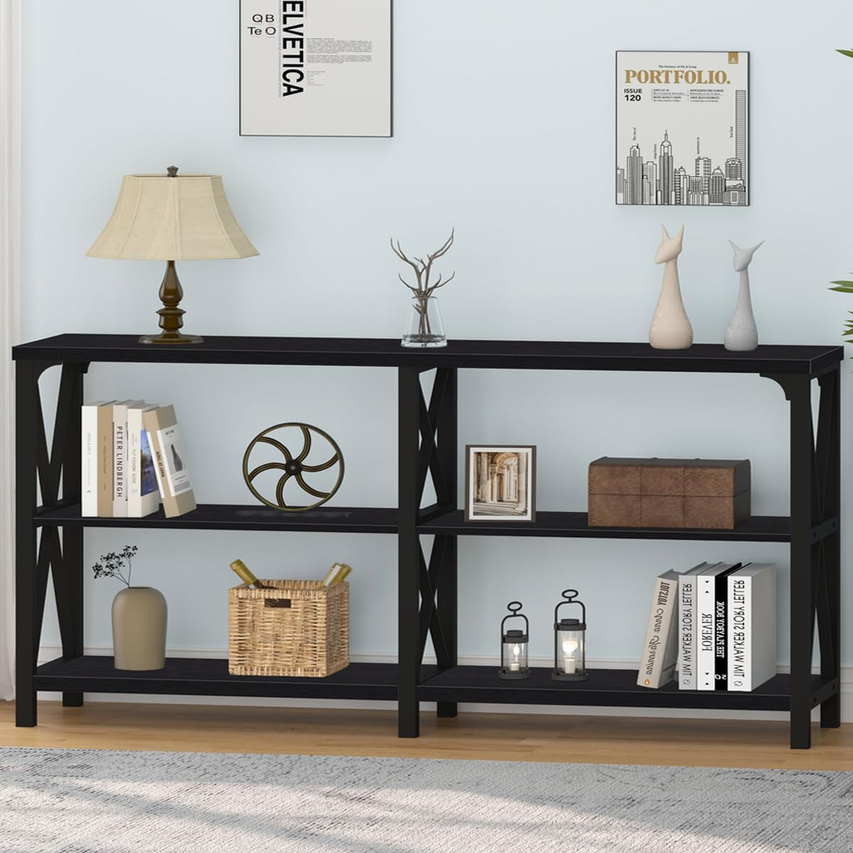 Black Console Table, Modern Industrial Sofa Table with 3 Tier Storage Shelves, Farmhouse Wooden Metal Entryway Table for Living Room, Hallway, or Foyer, Black Oak, 63 Inch