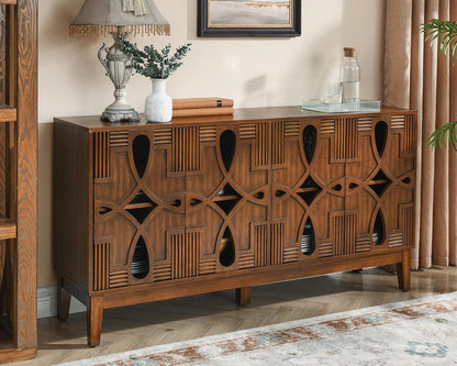 60" Mid Century Modern Sideboard Buffet with Hollow Carved Doors and Outlet Holes,Vintage Accent Cabinet Credenzas Storage Cabinet Walnut