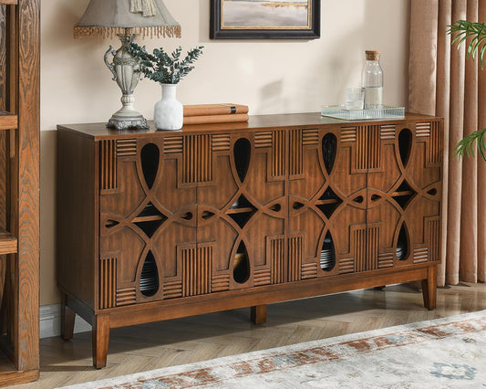 60" Mid Century Modern Sideboard Buffet with Hollow Carved Doors and Outlet Holes,Vintage Accent Cabinet Credenzas Storage Cabinet Walnut