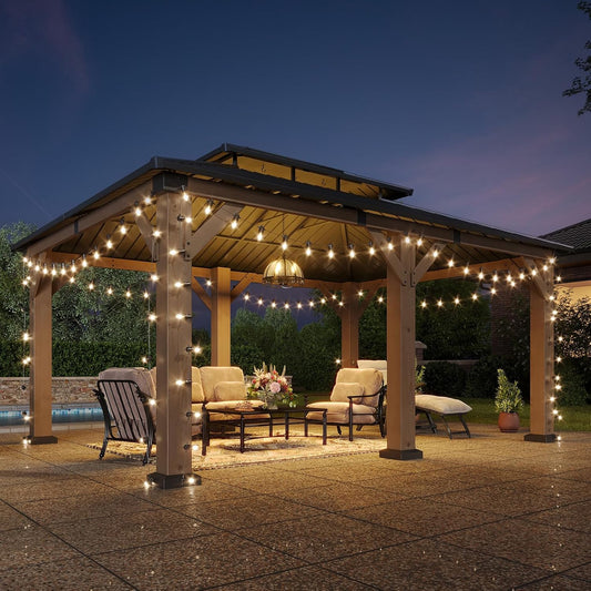 12' X 20' Outdoor Wood Gazebo, Hardtop Gazebo Permanent Wooden Pavilion with Galvanized Steel Double Roof, for Patio, Garden, Backyard, Cedar Wood