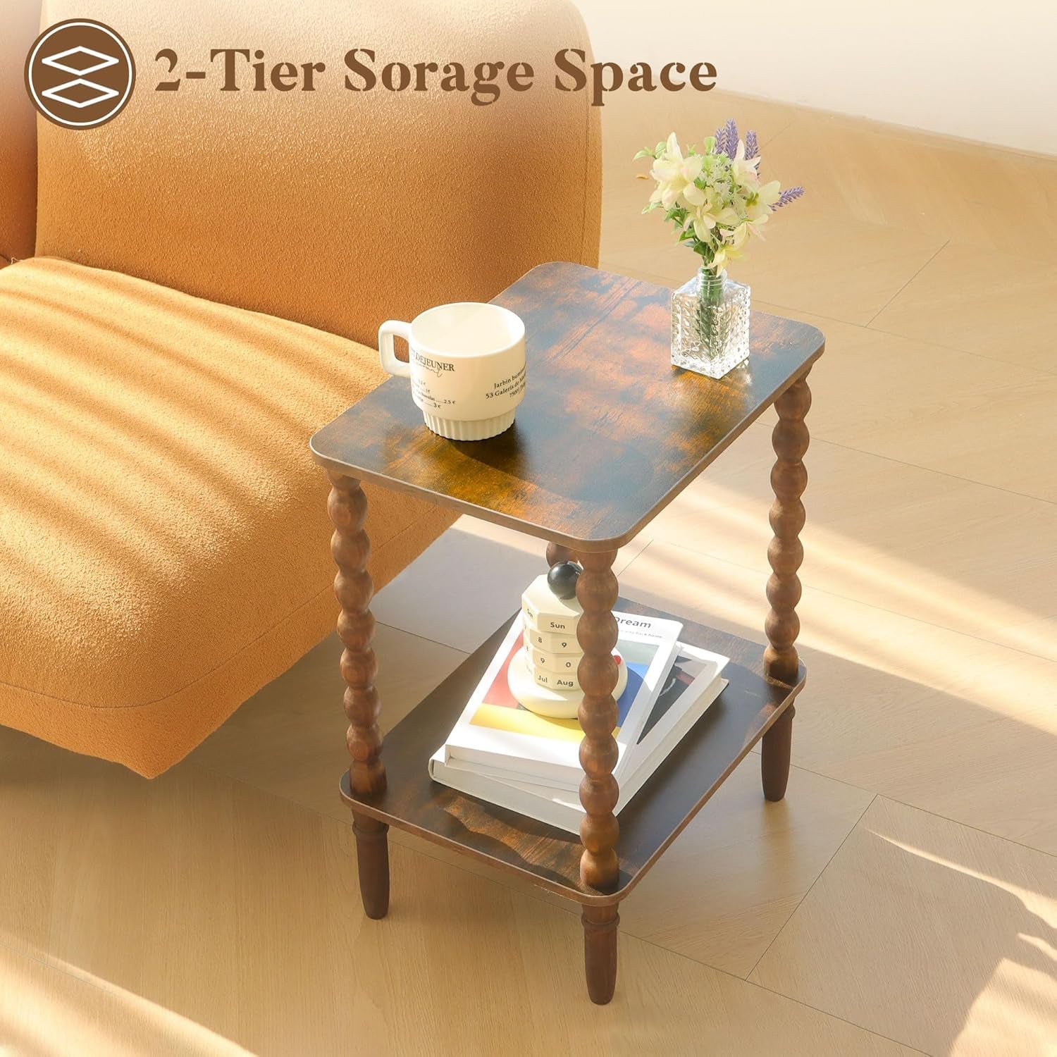 Side Table, Small End Table with Storage Shelf, 2-Tier Small Coffee Tables Living Room for Bedroom, Narrow Spaces (Rustic Brown)
