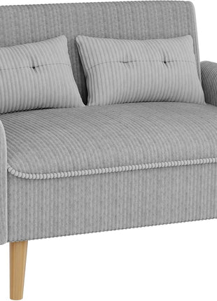 Mid-Century Modern Light Grey Upholstered Loveseat Sofa for Small Spaces with Accent Pillows, Ideal for Living Rooms, Studios, and Apartments