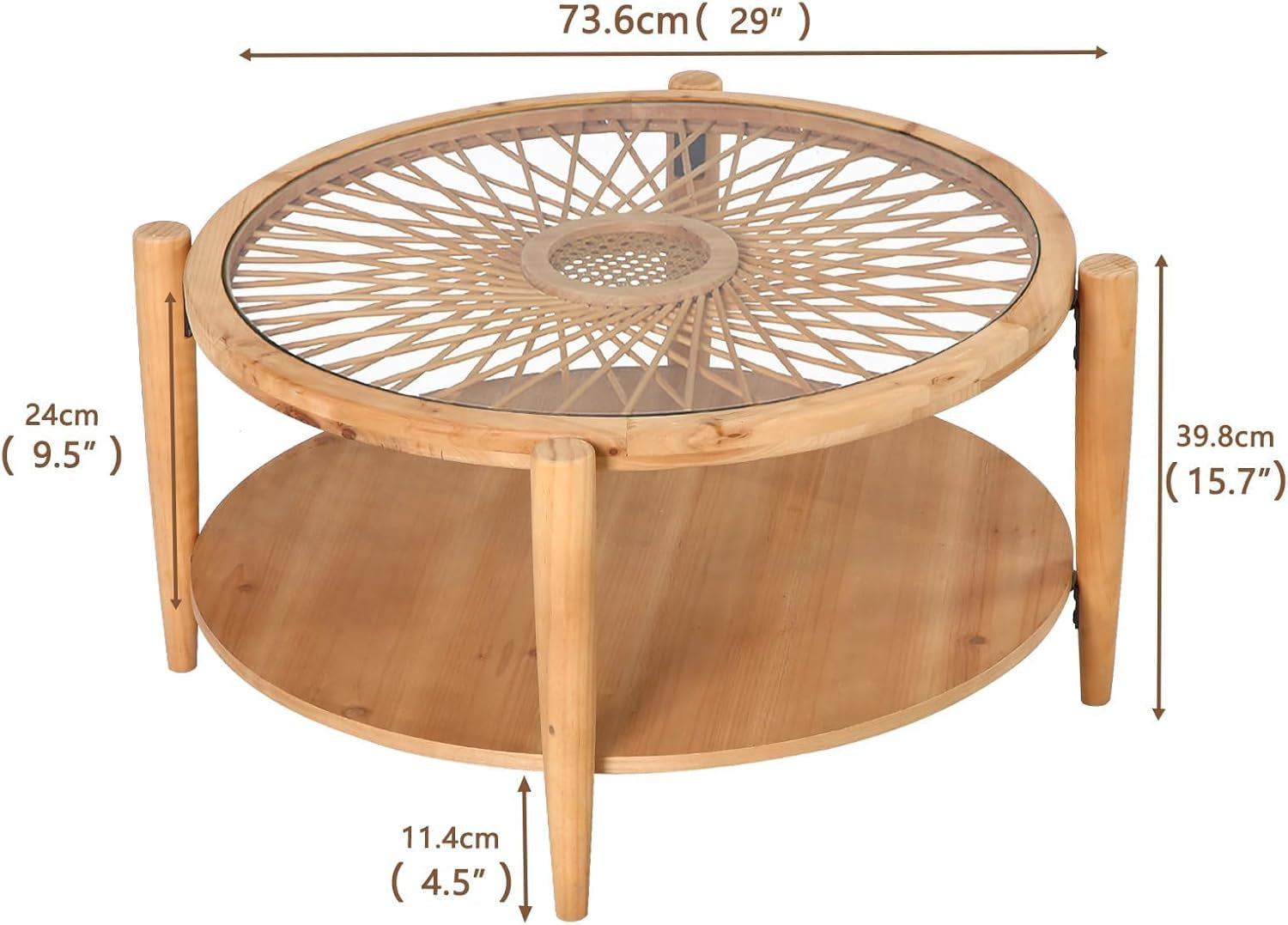 Rattan Coffee Tables,2-Tier round Boho Cocktail Tables, Mid Century Modern Coffee Table with Rattan & Tempered Glass Top and Wood Legs, Sofa Table for Living Room(Natural)