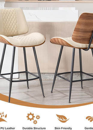 Set of 3 Modern Counter Height Barstools, 26.9" Armless Design with Metal Legs, Walnut Finish, PU Leather Bentwood Chairs for Home Counter, Kitchen Island, and Cafe (Beige)