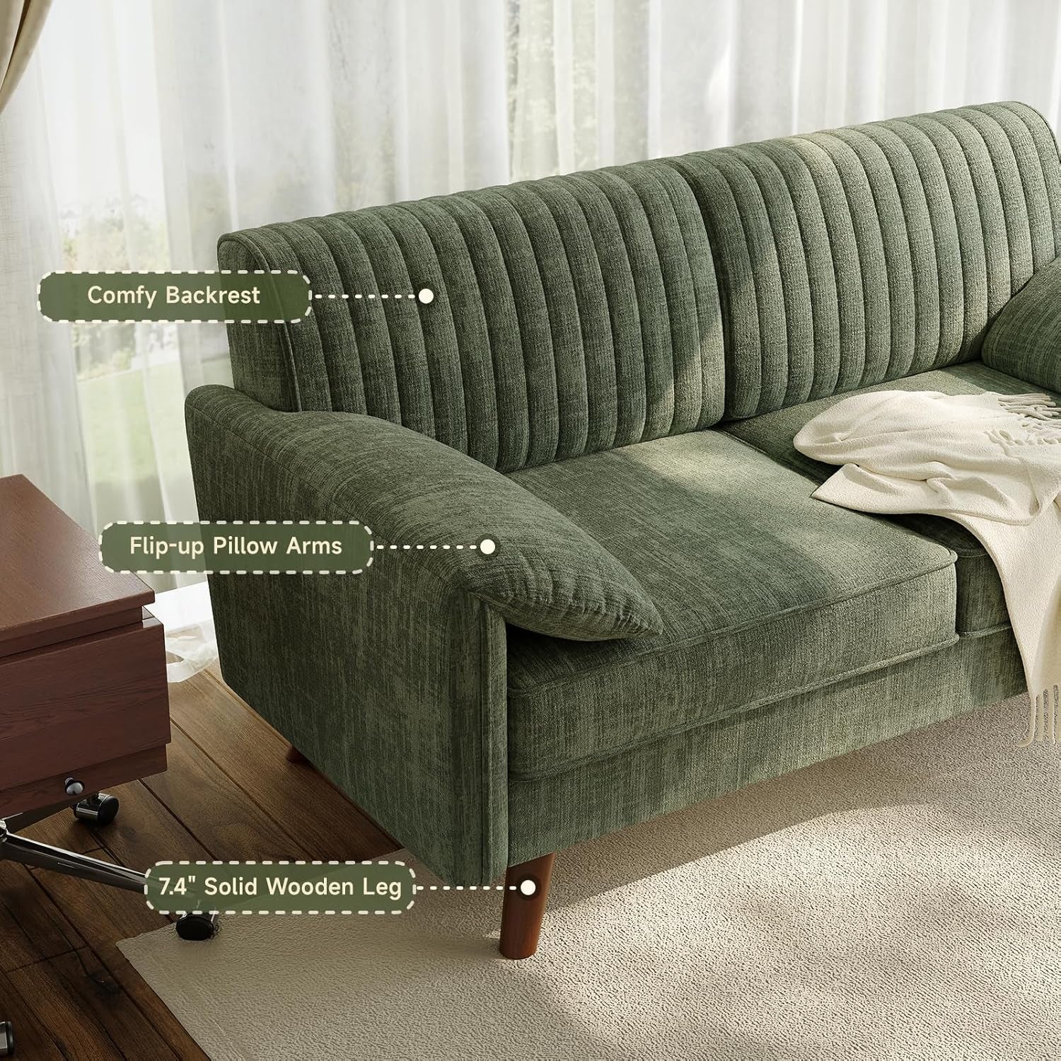 64.5" Loveseat Sofa, Chenille Loveseat Couch for Living Room, 23.2" Deep Seat Love Seat with Padded Arms, Comfy Modern Small Couches for Bedroom, Small Spaces, Dorms, Office, Green