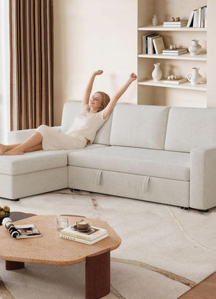 Elegant 81.5" Convertible L-Shaped Sleeper Sofa with Storage Chaise and Removable Cushions - Ideal for Compact Living Spaces, Chic Beige Chenille Fabric
