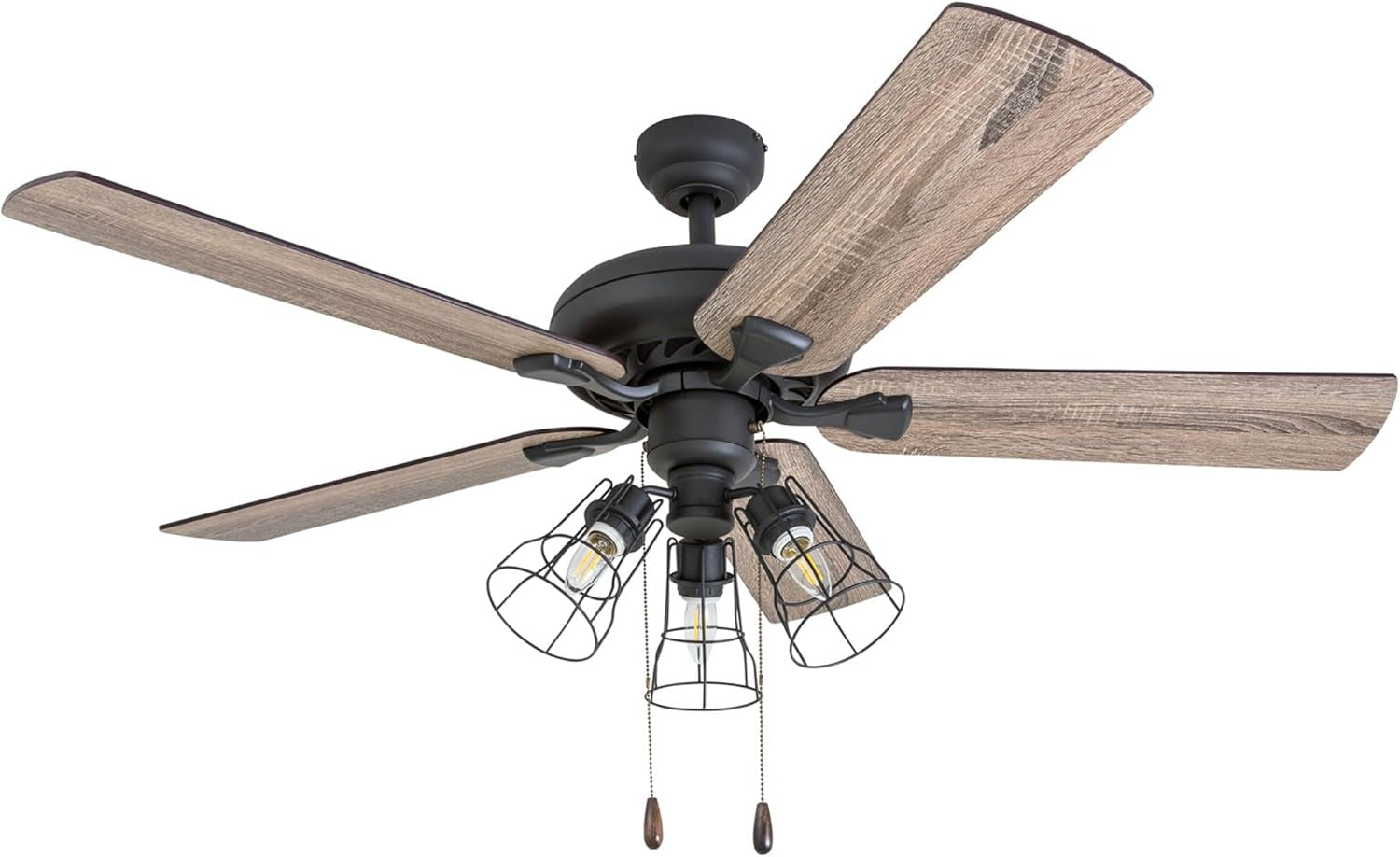 Lincoln Woods, 52 Inch Industrial Style LED Ceiling Fan with Light, Pull Chain, Three Mounting Options, 5 Dual Finish Blades, Reversible Motor - 50581-01 (Bronze)