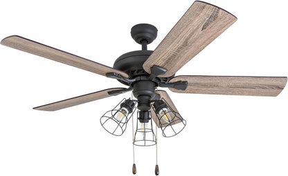 Lincoln Woods, 52 Inch Industrial Style LED Ceiling Fan with Light, Pull Chain, Three Mounting Options, 5 Dual Finish Blades, Reversible Motor - 50581-01 (Bronze)