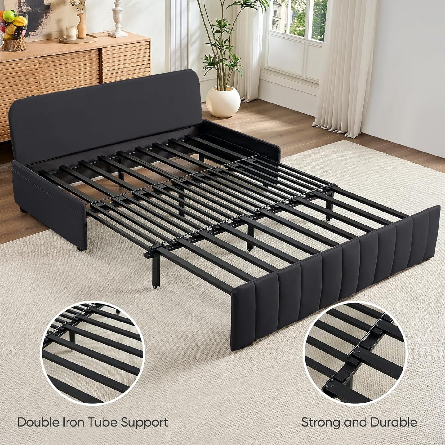 62.2" Queen Size Pull Out Sofa Bed，Leathaire Pull Out Couch with Tri-Fold Mattress，3-In-1 Convertible Sleeper Sofa with Pillows for Small Space/Bedroom/Apartment（Dark Grey）