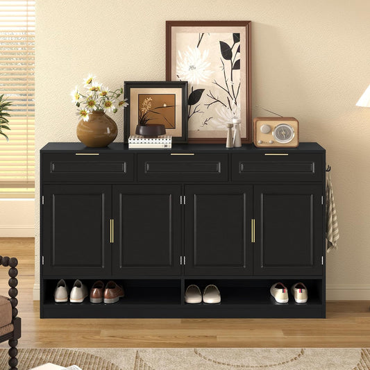 Buffet Table with 3 Drawers, 59.1" Multi-Functional Buffet Cabinet with Storage, Sideboard Cabinet with Adjustable Shelf for Dining Room, Living Room, Entryway, Black