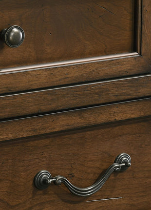 Maderne Traditional King Wood Panel Bed Set with Dresser, Mirror, Two Nightstands, and Chest in Antique Walnut Finish