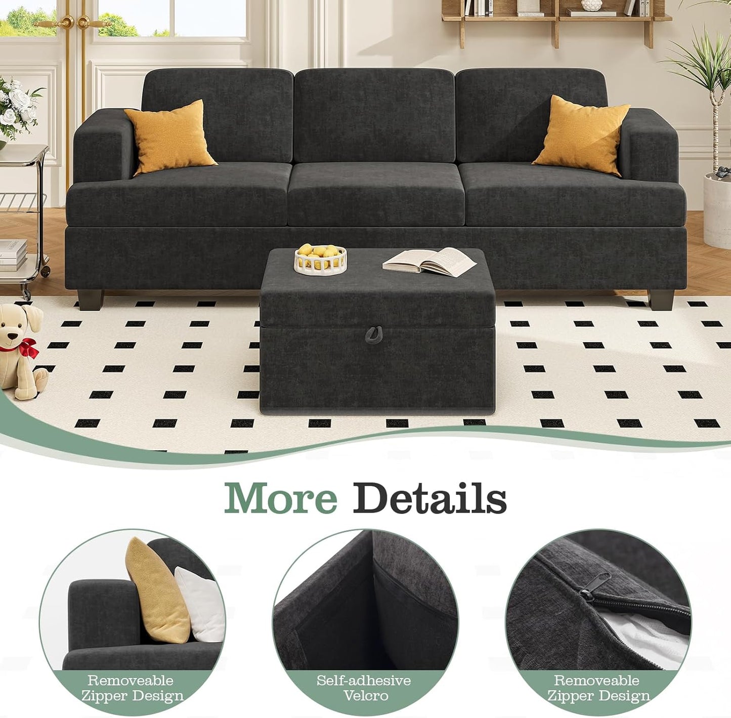 Loveseat & 3 Seater Sofa Sets, Comfy Dark Grey Couch Sofa Set for Living Room Furniture, Modern Lounge Sofa Cloud Couch for Apartment Lounge, Black Chenille