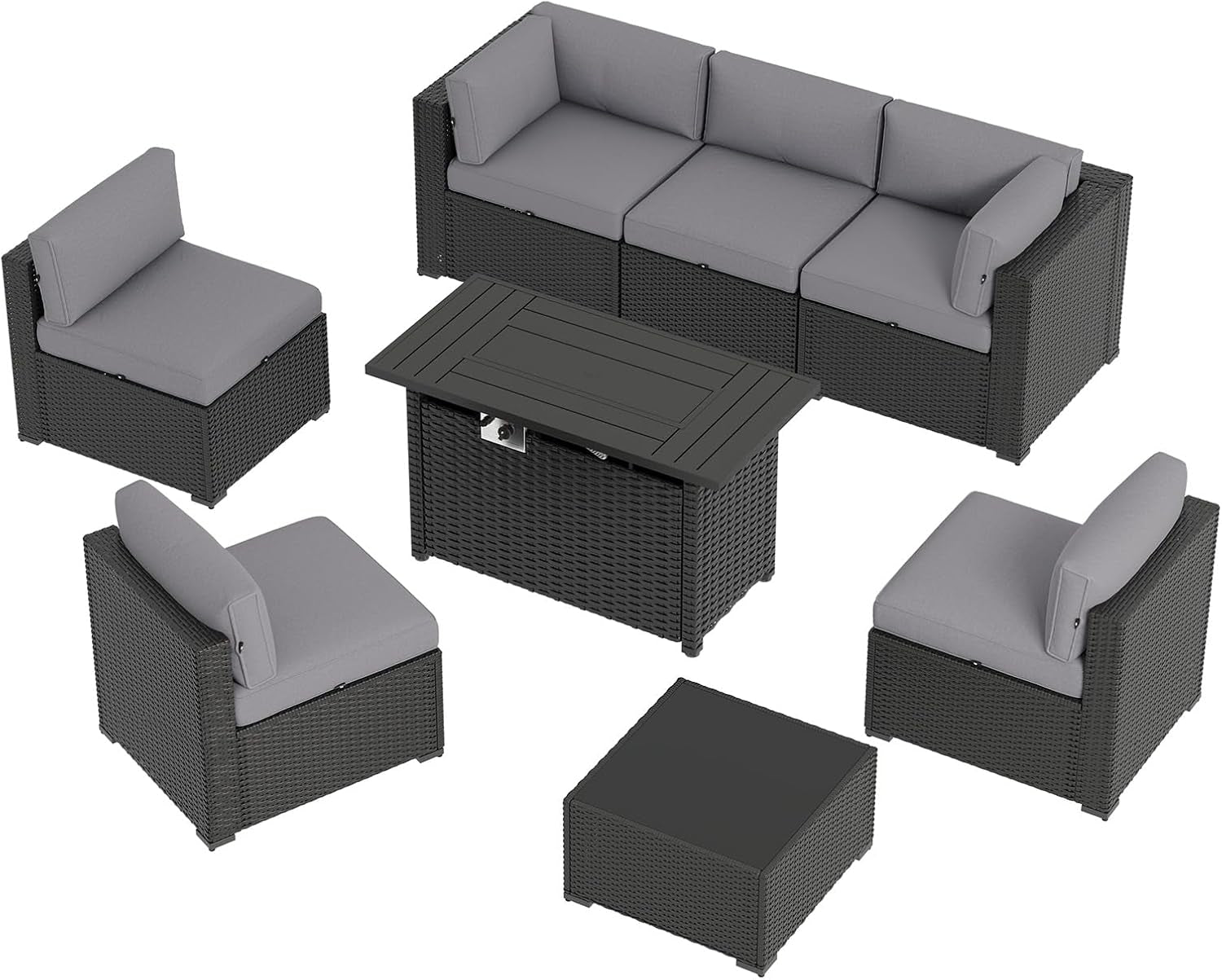 8 Piece Patio Furniture Set with 44” Fire Pit Table Wicker Rattan Patio Sectional Sofa Set Outdoor Seating Furniture with Thickened Cushion, Grey