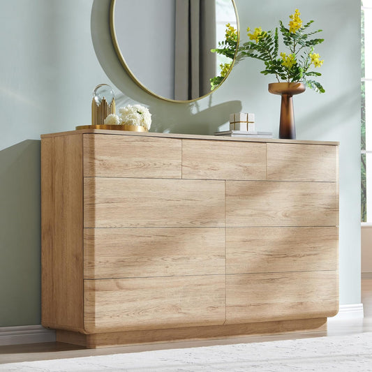 Modern 9 Drawer Dresser for Bedroom, 52" Wide Wooden Dressers with Large Storage,Handleless Chest of Drawers TV Stand for Living Room & Hallway, Curved Profile Design,Natural Oak
