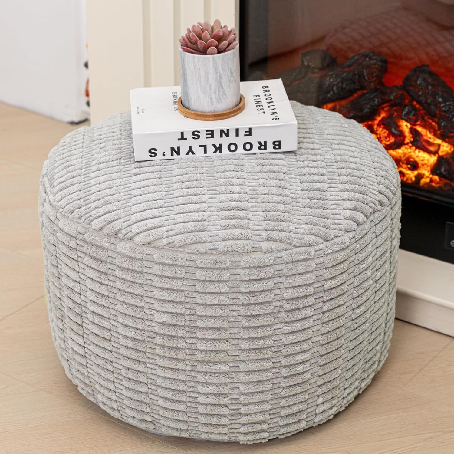 round Ottoman Pouf Ottoman Foot Stool Seat Faux Fur Bean Bag Foot Rest Floor Chair Leg Rest for Living Room, Bedroom or Wedding Gifts 20X20X14 Inches (Light Gray)