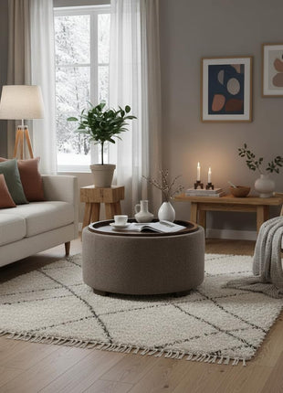 30-Inch Round Storage Ottoman Coffee Table, Modern Boucle Design with Lift-Off Lid and Solid Wood Legs for Living Room, Bedroom, and Apartment Use (Brown)